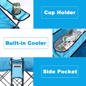 DOALBUN Double Portable Picnic Chair Folding Camping Chair W/Umbrella Table Beverage Holder Carrying Bag Cooler Fold Up Table for Patio Pool Park Outdoor Beach Camping Chair (Blue)