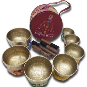 khusi tibetan singing bowls chakra sets, hand carved buddha mantra and symbol, sets of seven divine sound bowl.