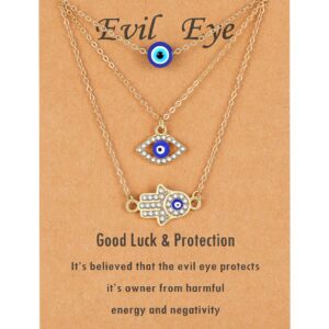 Baydurcan Gold Dainty Evil Eye Necklace and Hamsa Necklace Turkish Blue Eye Hand Pendant Necklace 3pcs Lucky Protection Jewelry Gift for Women Teenagers