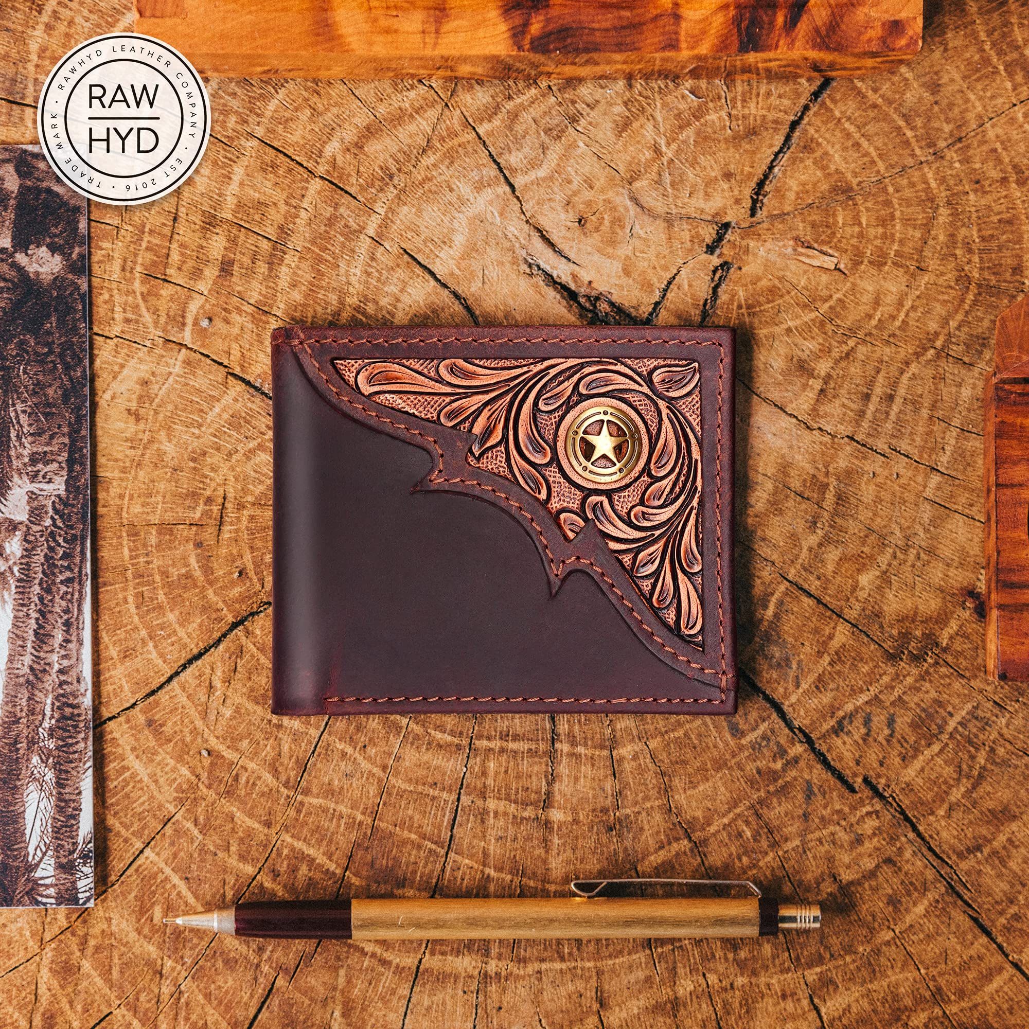 RAW HYD Bifold Wallet for Men (Bourbon Brown) - RFID Blocking Men’s Leather Wallet w/Star Concho - Full Grain, Tooled RFID wallet for men - Slim & Compact Cowboy Wallet - Great Western Gifts for Men