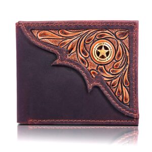 raw hyd bifold wallet for men (bourbon brown) - rfid blocking men’s leather wallet w/star concho - full grain, tooled rfid wallet for men - slim & compact cowboy wallet - great western gifts for men