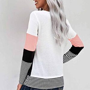 SMENG Womens Long Sleeve Tops Fashion Fall Clothes 2024 Pink Shirts for Women Waffle Knit Cute Casual Striped Patchwork Blouses Pink L