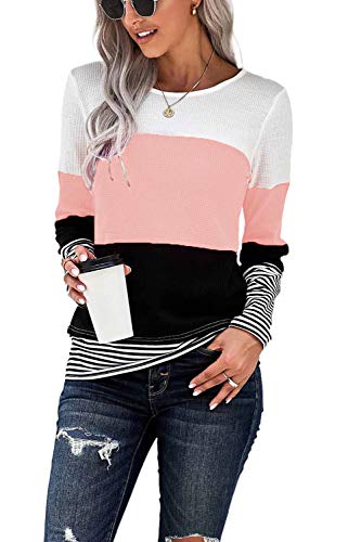 SMENG Womens Long Sleeve Tops Fashion Fall Clothes 2024 Pink Shirts for Women Waffle Knit Cute Casual Striped Patchwork Blouses Pink L