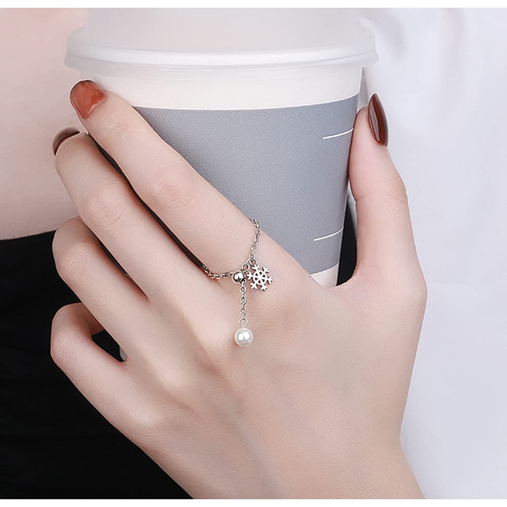 NewZenro Snowflake Pearl Flower Chain Tassel Dangle Statement Stacking Adjustable Sterling Silver Rings for Women Dainty Threader Finger Ball Bead Band Ring Gifts Xmas Daughter Bff