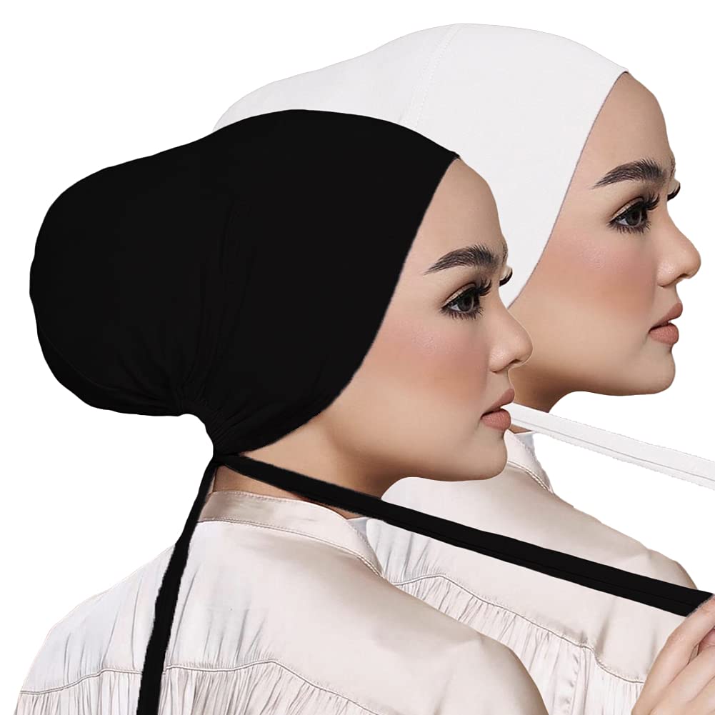 Women's Black Stretch Under Scarf Hijab Cap Solid Color White Hijab Under Caps for Hijabs 2pcs(White+Black)