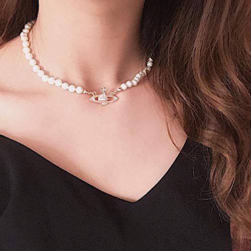 AOOF Diamond Artificial Planet Saturn Pearl Necklace Women's Jewelry, Fake Pearl Collar Pendant Necklace Men's Charming Girl Y2k Jewelry Women's Wedding Pearl Chain Crystal Necklace Rosegold