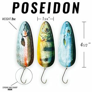 ETIC Poseidon 4 ½", 2oz Fishing Spoons Kit 100% Made of Brass, 3 pcs Fishing Lures, Tackle, Hooks, Baits, Spinning, Casting, Trolling for Trout, Salmon, Pike, Walleye, Bass and Mores