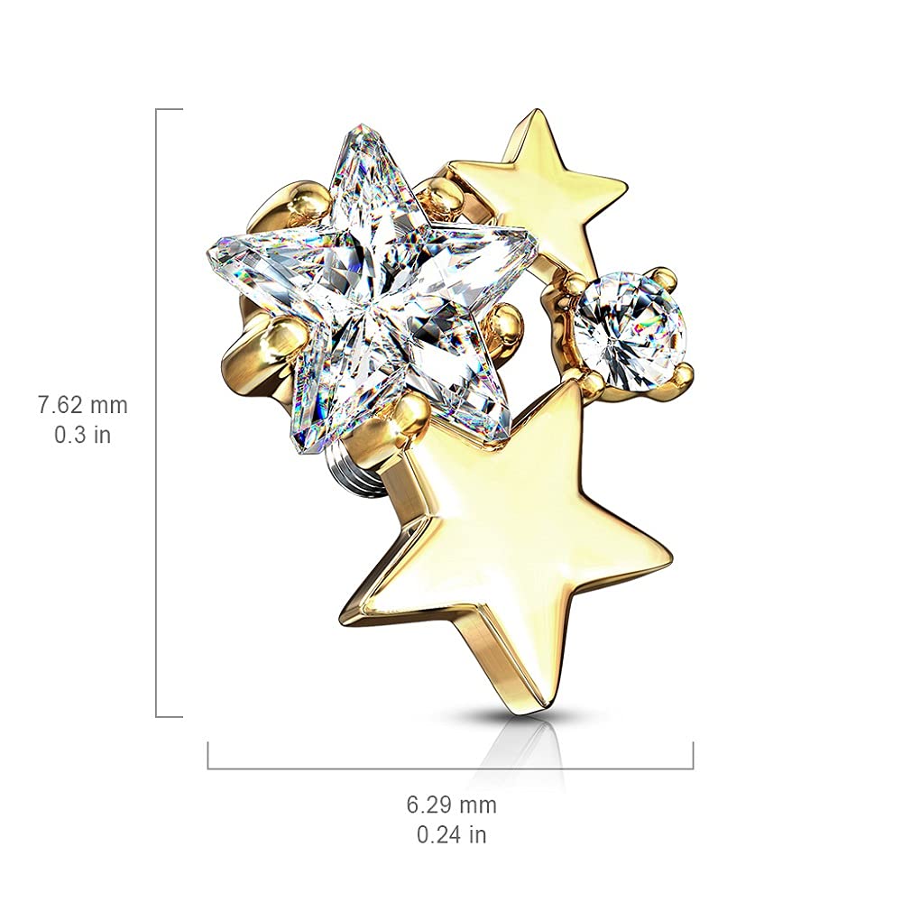 Pierced Owl 14GA Stainless Steel Internally Threaded CZ Crystal Star Cluster Dermal Anchor Top (Gold Tone)