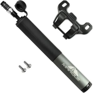 marque portable mini bike pump - 120 psi with universal presta and schrader valve, high volume and high pressure setting for road and mountain bike tires (gray with hose)