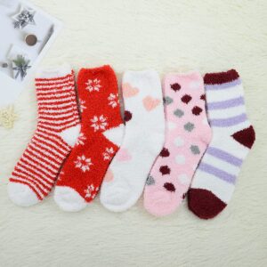 Century Star Womens Fuzzy Socks Soft Fluffy Socks Warm Cozy Socks Sports Athletic Socks Winter Gifts Socks For Christmas 5 Pairs Red Set One Size