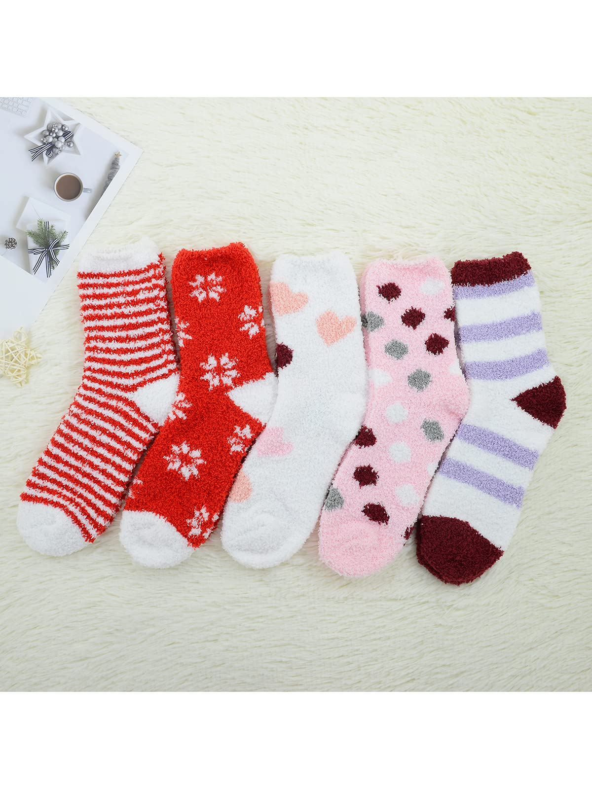 Century Star Womens Fuzzy Socks Soft Fluffy Socks Warm Cozy Socks Sports Athletic Socks Winter Gifts Socks For Christmas 5 Pairs Red Set One Size