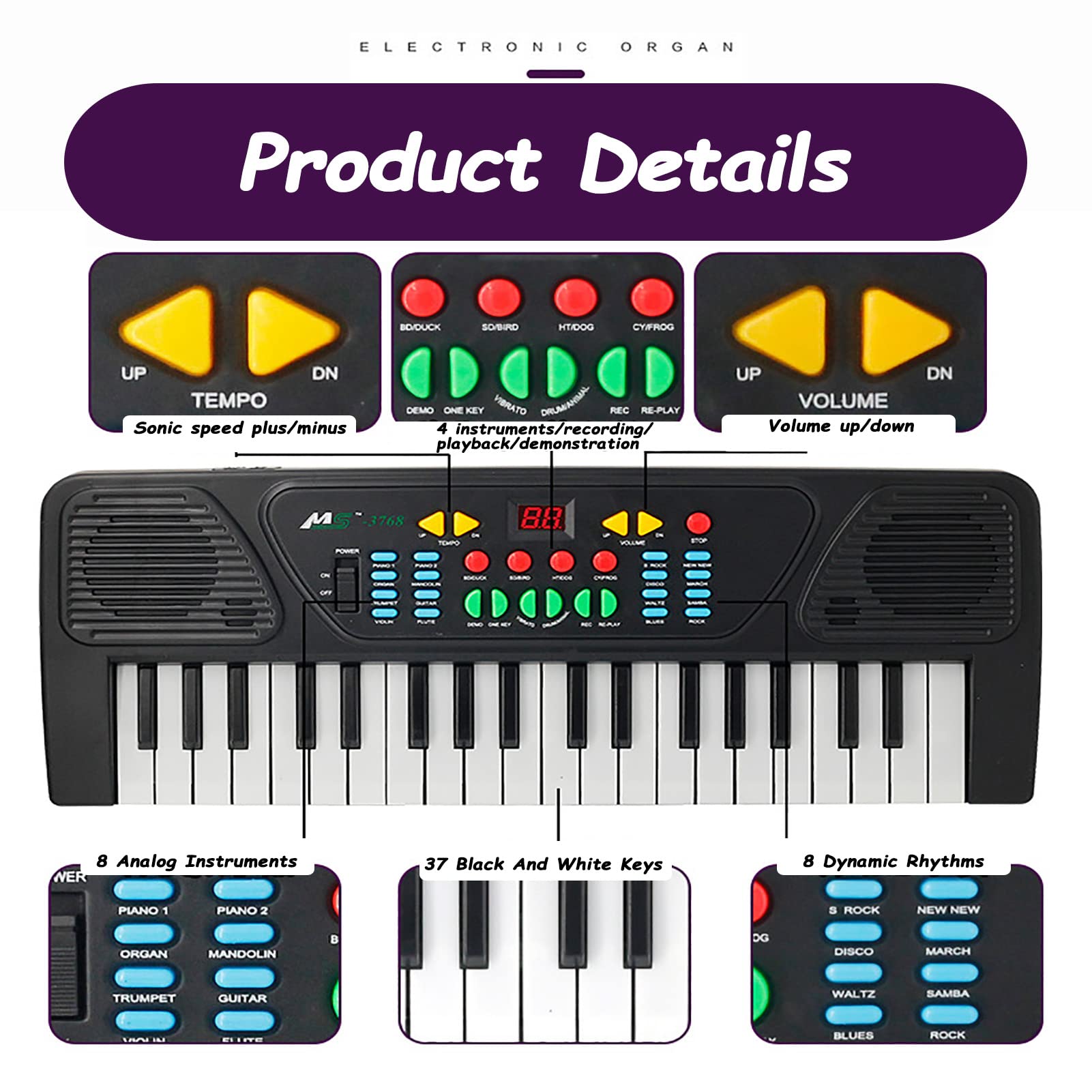 Piano Keyboard, 37-Key Kids Keyboard Piano with Mini Microphone USB Charger, HD Real Sound Quality, for Children Beginner