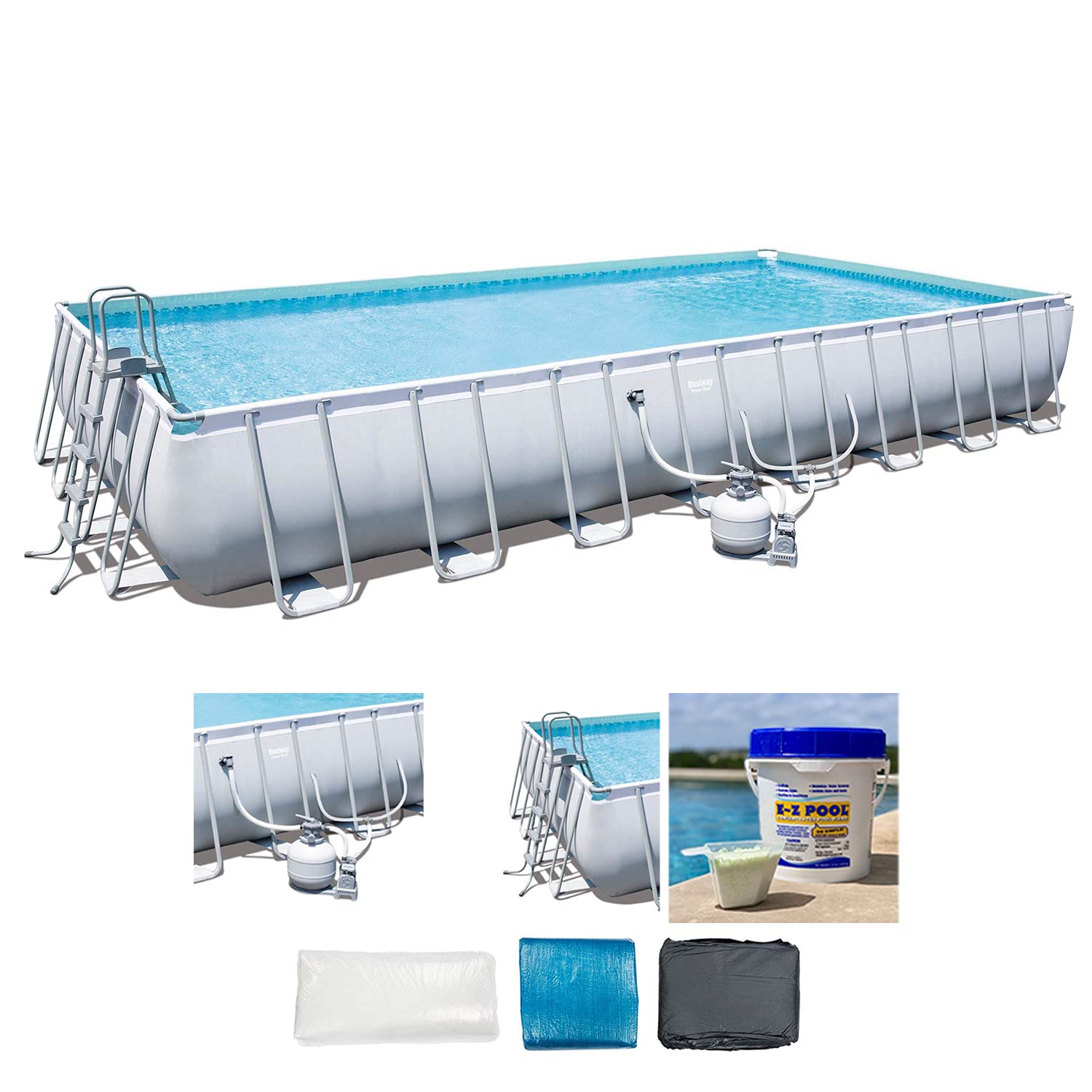 Bestway 56625E 31ft x 16ft x 52in Steel Frame Above Ground Swimming Pool Set with 2000 GPH Sand Filter Pump, Pool Cover, Ladder, and Solution Blend