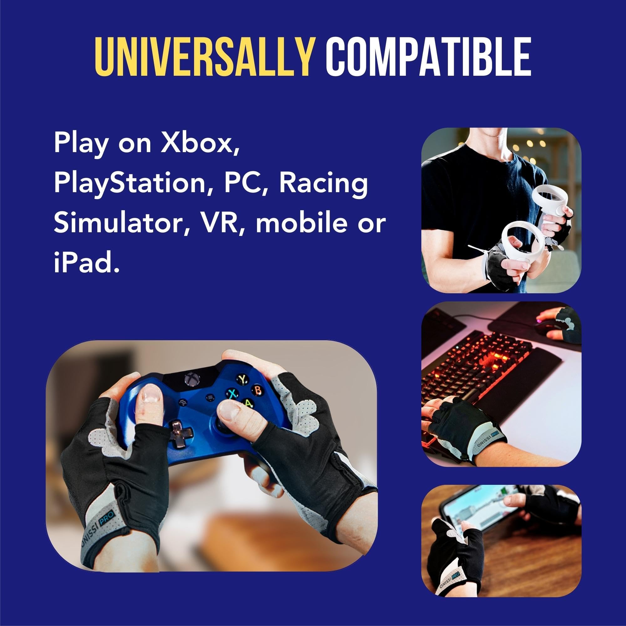 ONISSI Pro Gaming Gloves for Sweaty Hands|Gamer Grip Gloves for Video Games|Sim Racing Gloves for Men and Women|Anti Sweat, Half Finger Gaming Gloves for PS4/PS5/Xbox/Computer/PC/VR/Mobile/Sim Racer