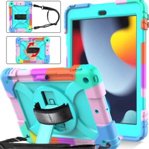 BMOUO iPad 9th/8th/7th Generation Case, iPad 10.2 Case, Shockproof 360 Rotating Stand Shoulder Hand Strap iPad 9th/8th/7th Gen Case with Pencil Holder for iPad 10.2 inch 2021/2020/2019 - Teal