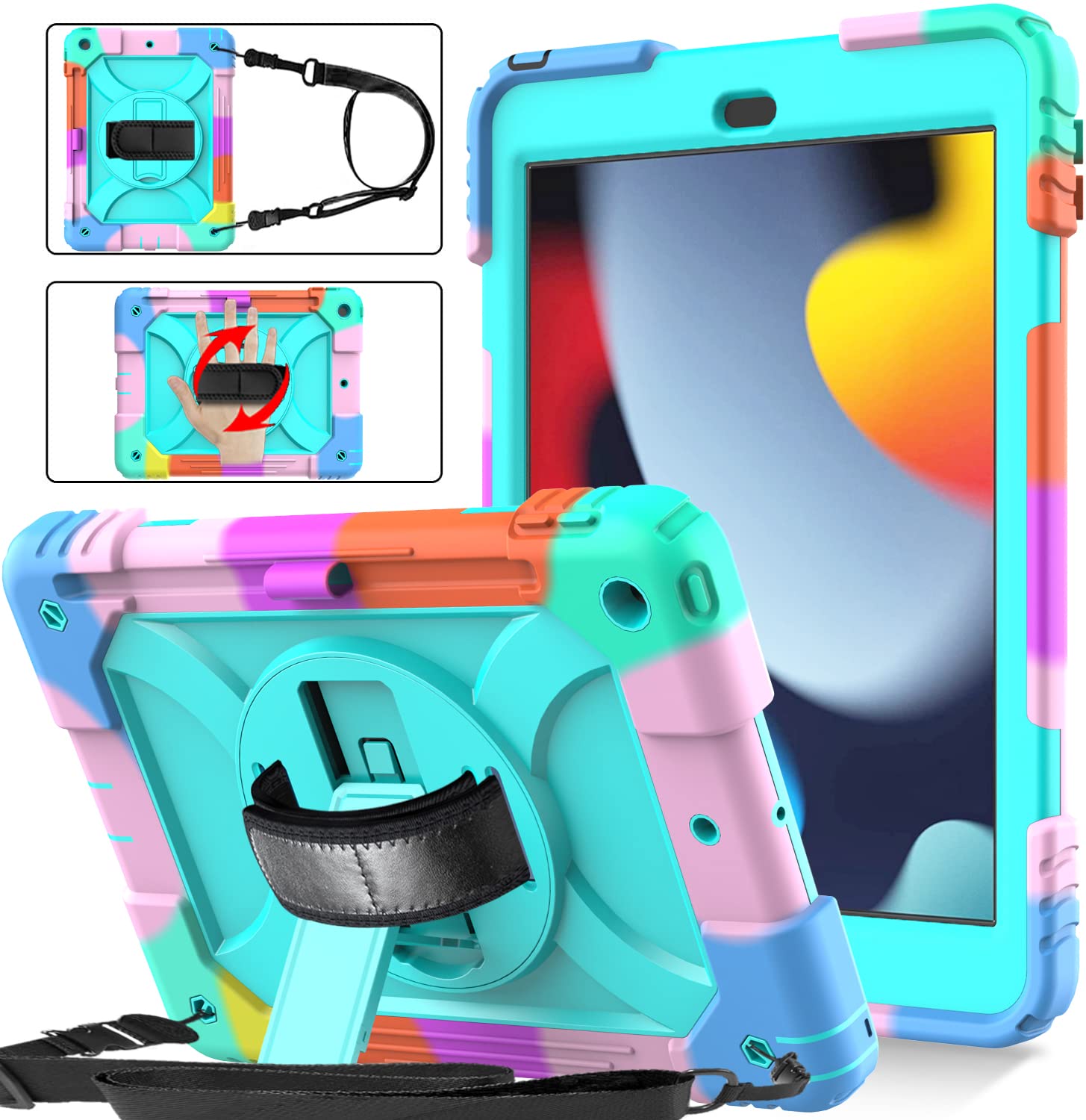 BMOUO iPad 9th/8th/7th Generation Case, iPad 10.2 Case, Shockproof 360 Rotating Stand Shoulder Hand Strap iPad 9th/8th/7th Gen Case with Pencil Holder for iPad 10.2 inch 2021/2020/2019 - Teal