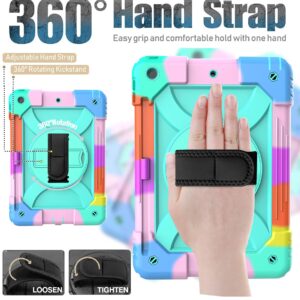 BMOUO iPad 9th/8th/7th Generation Case, iPad 10.2 Case, Shockproof 360 Rotating Stand Shoulder Hand Strap iPad 9th/8th/7th Gen Case with Pencil Holder for iPad 10.2 inch 2021/2020/2019 - Teal