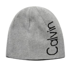 Calvin Klein Men's Reversible Beanie, Black and Grey Logo, One Size