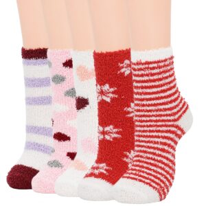 Century Star Womens Fuzzy Socks Soft Fluffy Socks Warm Cozy Socks Sports Athletic Socks Winter Gifts Socks For Christmas 5 Pairs Red Set One Size