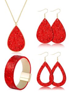 hicarer women's glitter jewelry set, include 2 pieces bridal wedding multi-layer bracelet 3 pair faux leather dangle earrings 1 piece necklace for women (red)