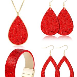 Hicarer Women's Glitter Jewelry Set, Include 2 Pieces Bridal Wedding Multi-Layer Bracelet 3 Pair Faux Leather Dangle Earrings 1 Piece Necklace for Women (Red)