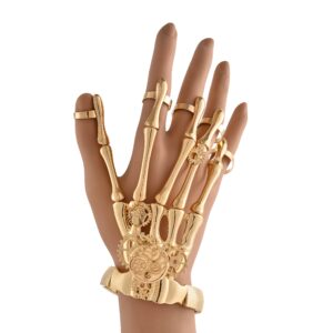 LUX ACCESSORIES Gold Tone Gothic Skull Tools Full Hand Skeleton Bracelet Rings