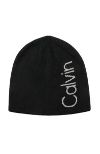 calvin klein men's reversible beanie, black and grey logo, one size