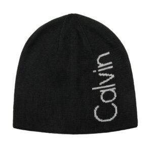 Calvin Klein Men's Reversible Beanie, Black and Grey Logo, One Size