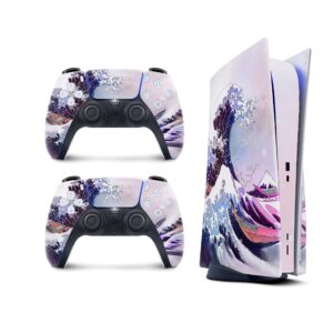 tacky design wave watercolor skin for ps5 skin, playstation 5 console and 2 controllers skin, ps5 purple pastel kawaii skin vinyl 3m decal stickers full wrap cover (disc version)