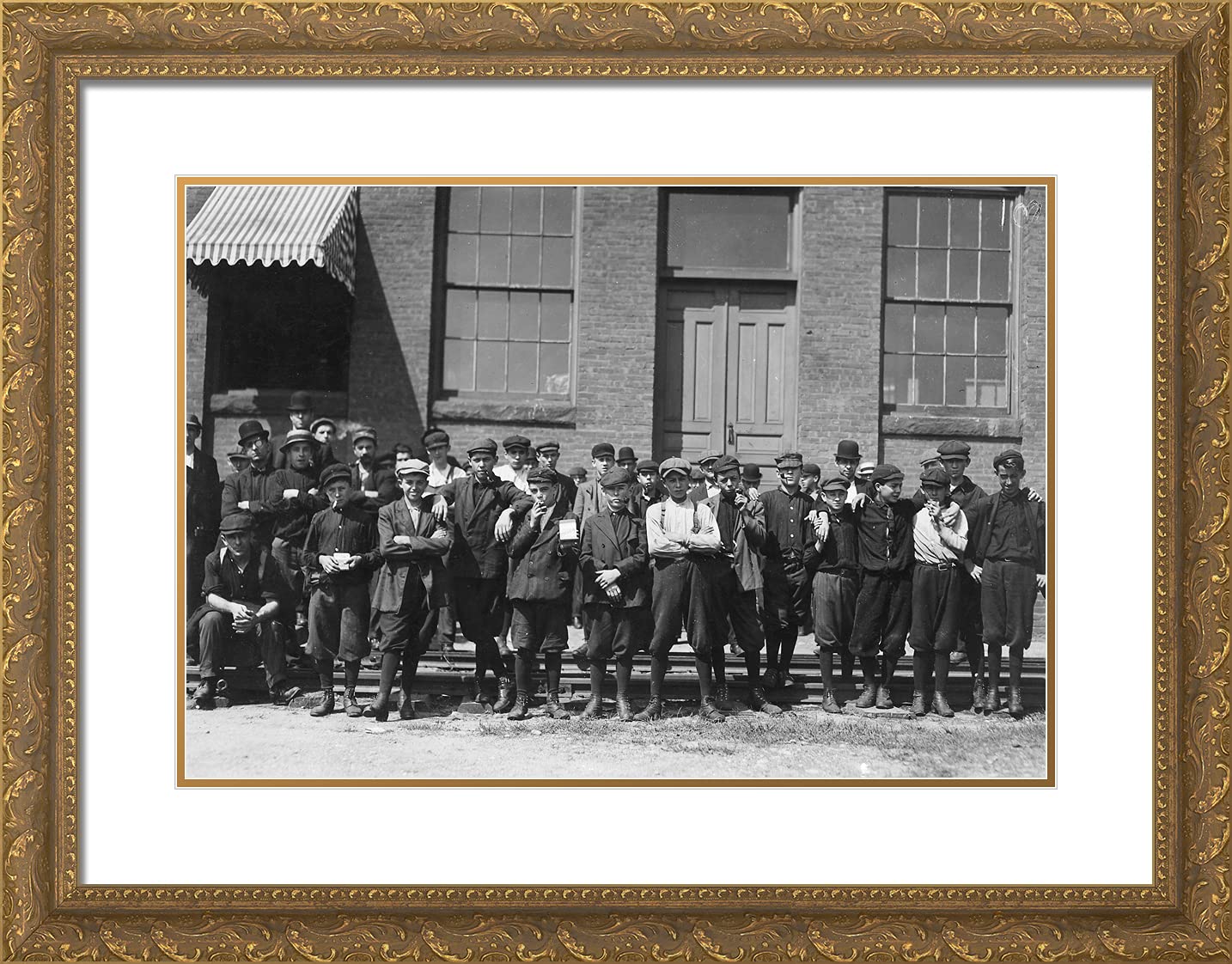 ArtDirect Hine, Lewis Wickes 24x19 Gold Ornate Framed Art Print with Double Matting Titled: Group in Front of Indian Orchard MFG Co