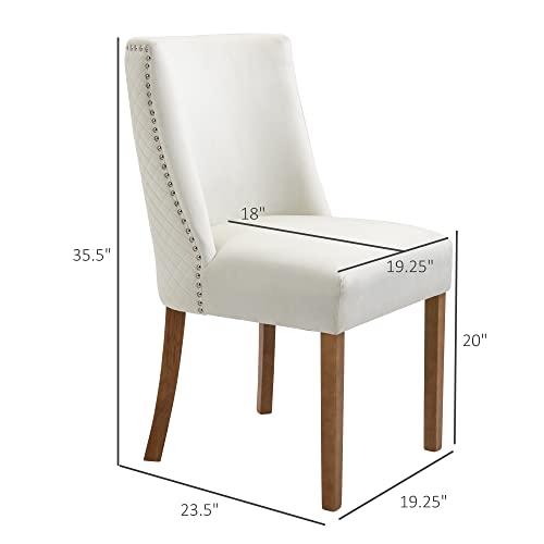 HOMCOM Modern Dining Chairs Set of 2 with High Back, Dining Room Chairs with Nailhead Trim, Upholstered Seats and Solid Wood Legs for Kitchen, Cream White