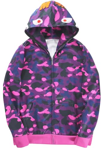 EUDOLAH Camo Hoodie Shark Print Trendy Cotton Casual Loose Zip Up Hoodie Mens Long Sleeve Jacket(2XL,1-Purple Camo)