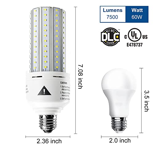 Mafuken 500W Equivalent LED Corn Light Bulb 7500 Lumen Led Bulbs 60W Super Bright 5000K Cool Daylight White E26/E27 Medium Base for Outdoor Indoor Workshop Garage Warehouse Factory Backyard… (A)