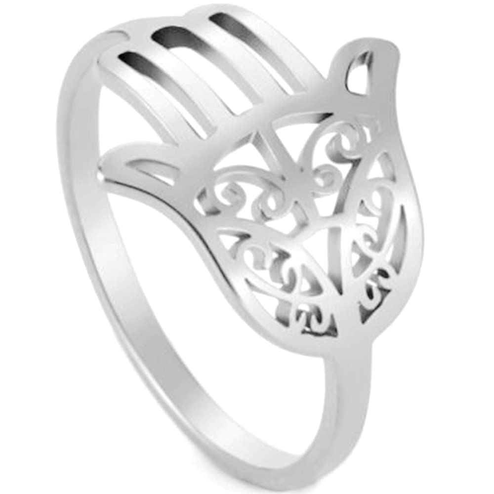 Jude Jewelers Stainless Steel Evil Protection Hand of Hamsa Ring (Silver, 8)