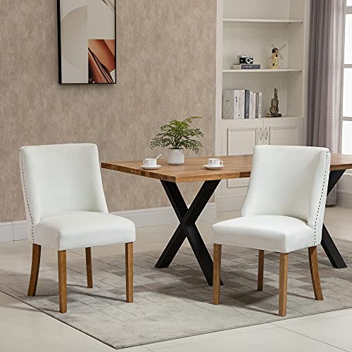 HOMCOM Modern Dining Chairs Set of 2 with High Back, Dining Room Chairs with Nailhead Trim, Upholstered Seats and Solid Wood Legs for Kitchen, Cream White