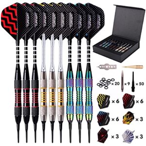 turnart darts plastic tip - professional soft tip darts set for electronic dartboard 9 pcs 18 grams with 50 extra tips 9 shafts 27 flights tool kit flight protectors and gift darts case (color)