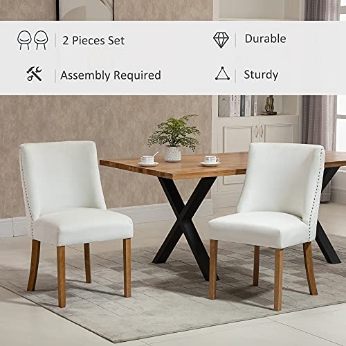 HOMCOM Modern Dining Chairs Set of 2 with High Back, Dining Room Chairs with Nailhead Trim, Upholstered Seats and Solid Wood Legs for Kitchen, Cream White