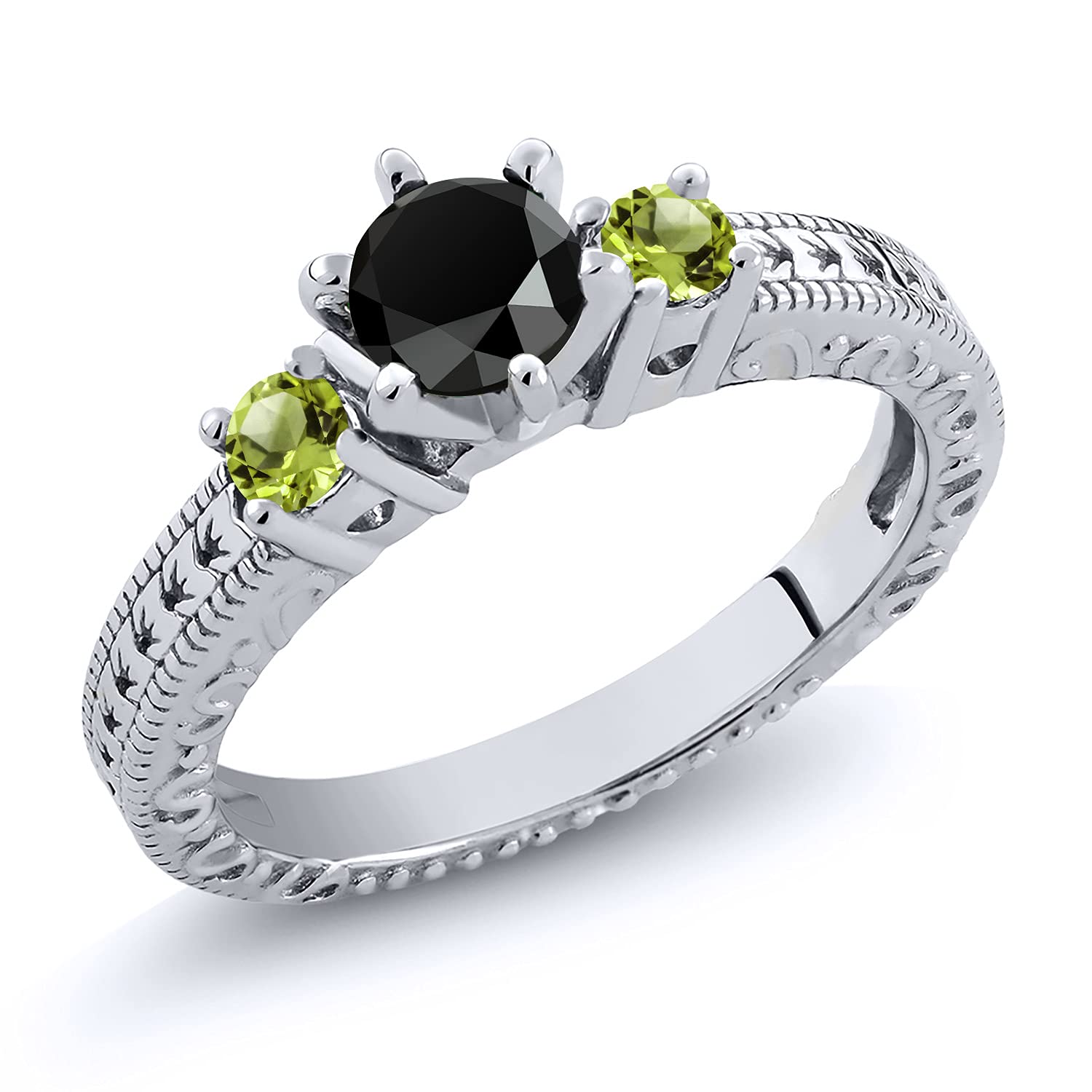 Gem Stone King 0.72 Ct Round Black Onyx Green Peridot 925 Sterling Silver Ring (Size 7)