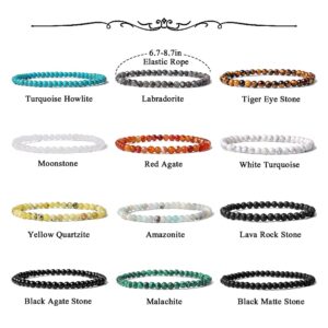 XIMEO 12Pcs 4mm Mini Semi Precious Gemstone Energy Bracelets - Tiny Round Beads Stretch Bracelet Natural Stone Healing Crystal Statement Bracelet for Men Women Unisex