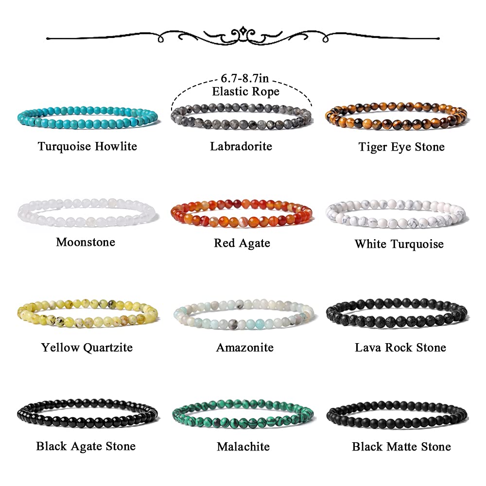 XIMEO 12Pcs 4mm Mini Semi Precious Gemstone Energy Bracelets - Tiny Round Beads Stretch Bracelet Natural Stone Healing Crystal Statement Bracelet for Men Women Unisex