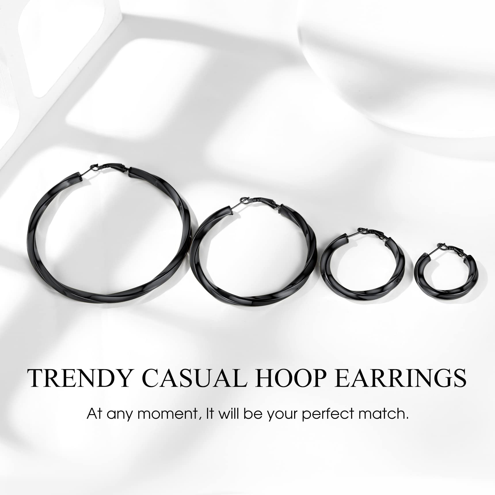 Bestyle 40mm Medium Black Twisted Hoop Earrings for Gilrs, Daliy Wear Minimalism Jewelry, Gift for Mom Mother Wife Daughter Girlfriends