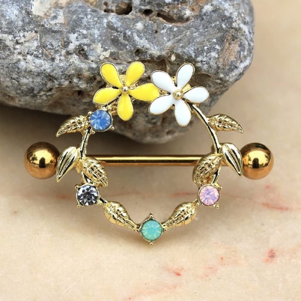 Pierced Owl 14GA Golden Leaves Shield with Flowers and Colorful CZs 316L Surgical Stainless Steel Barbell Nipple Ring Shields, Sold as a Pair