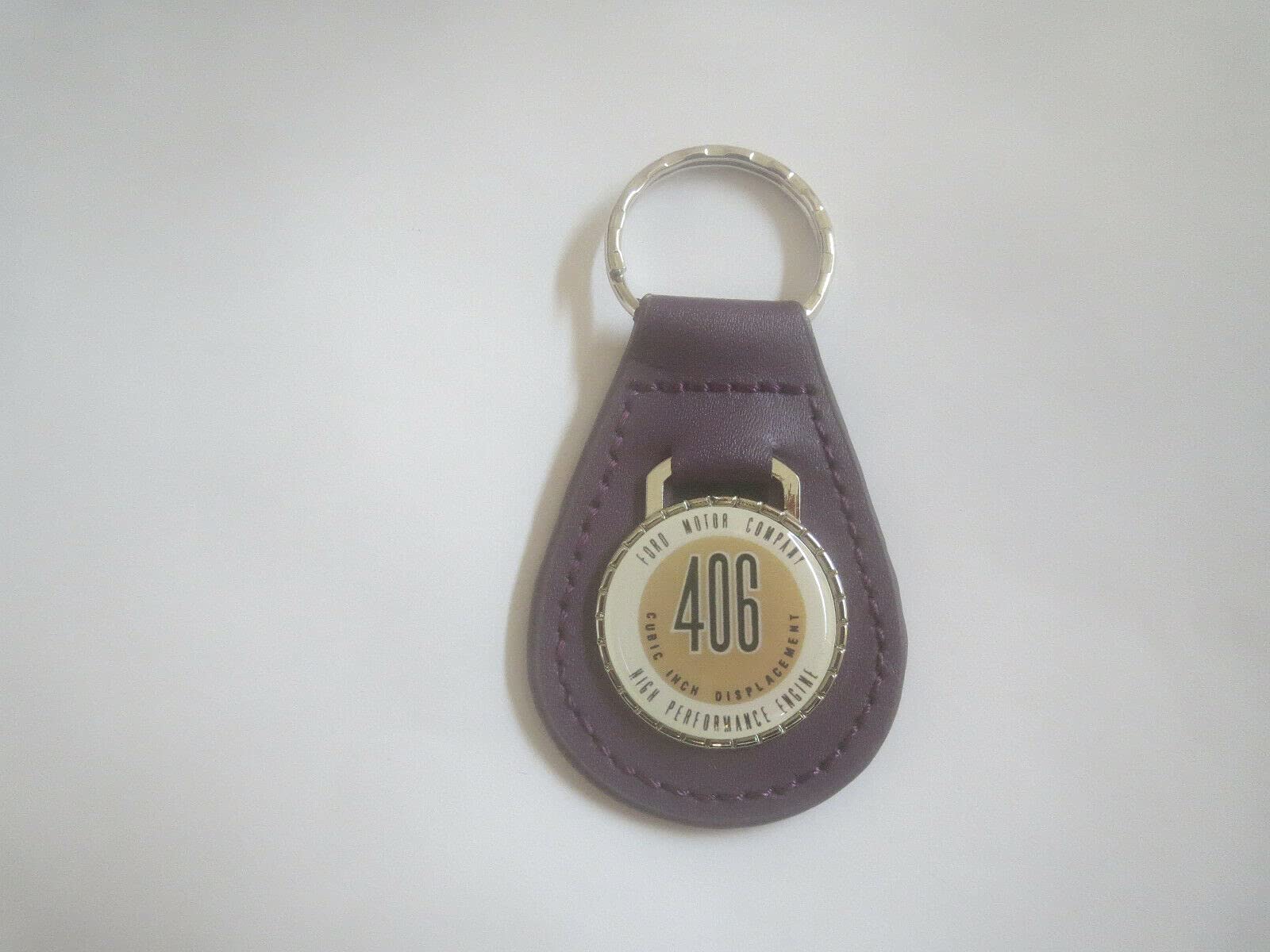 1962 1963 1964 GALAXIE 406 HIGH PERFORMANCE ENGINE LOGO LEATHER KEYCHAIN - PURPLE