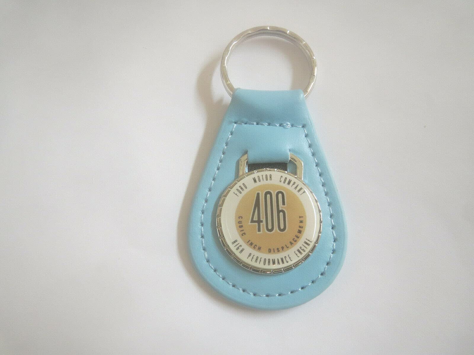 1962 1963 1964 GALAXIE 406 HIGH PERFORMANCE ENGINE LOGO LEATHER KEYCHAIN - LIGHT BLUE