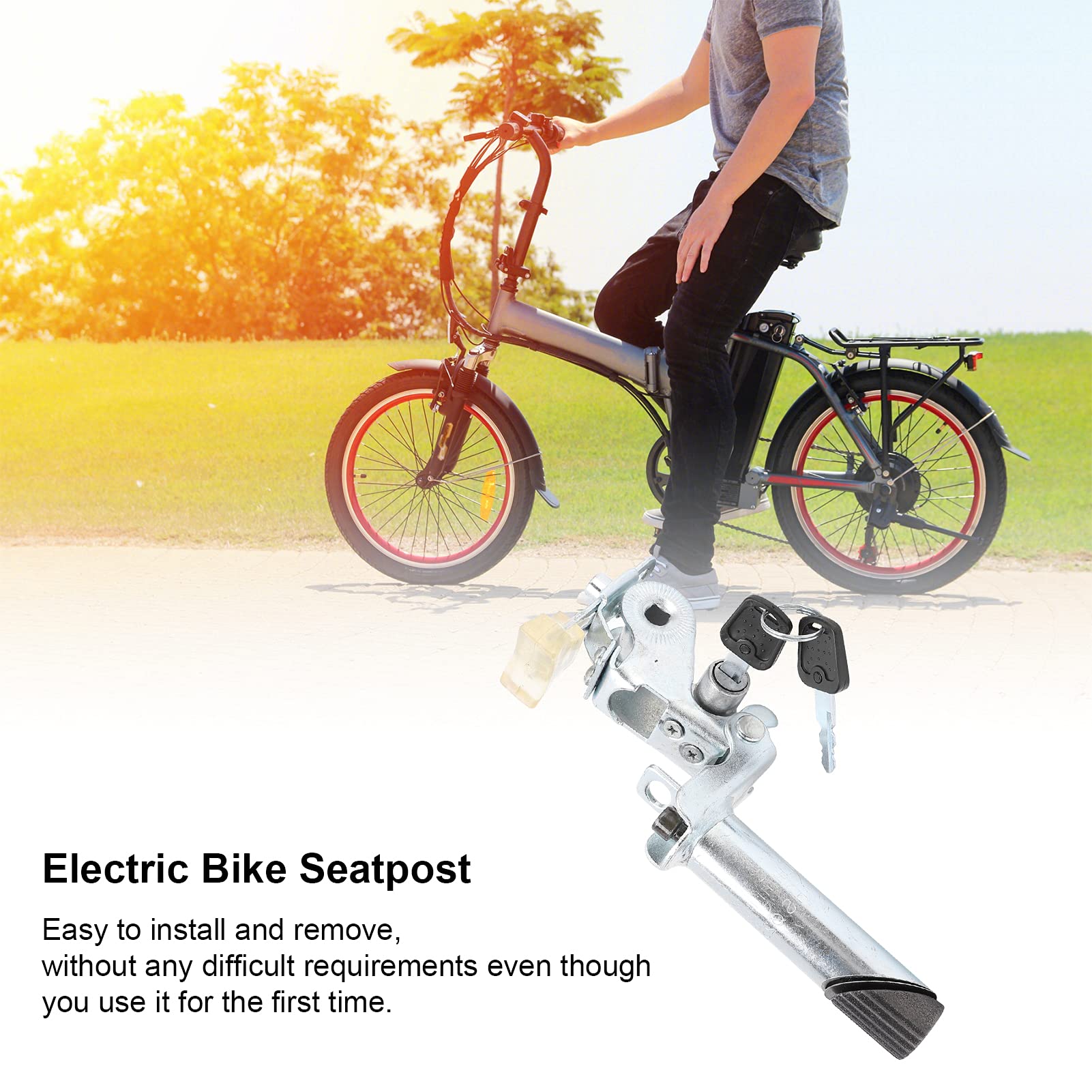 VGEBY Electric Bike Seatbar, Foldable Electric Bike Seat Post Seatpost Lightweight Metal Body with Anti‑Theft Key Internal Lock for Electric Bike Electric Modification