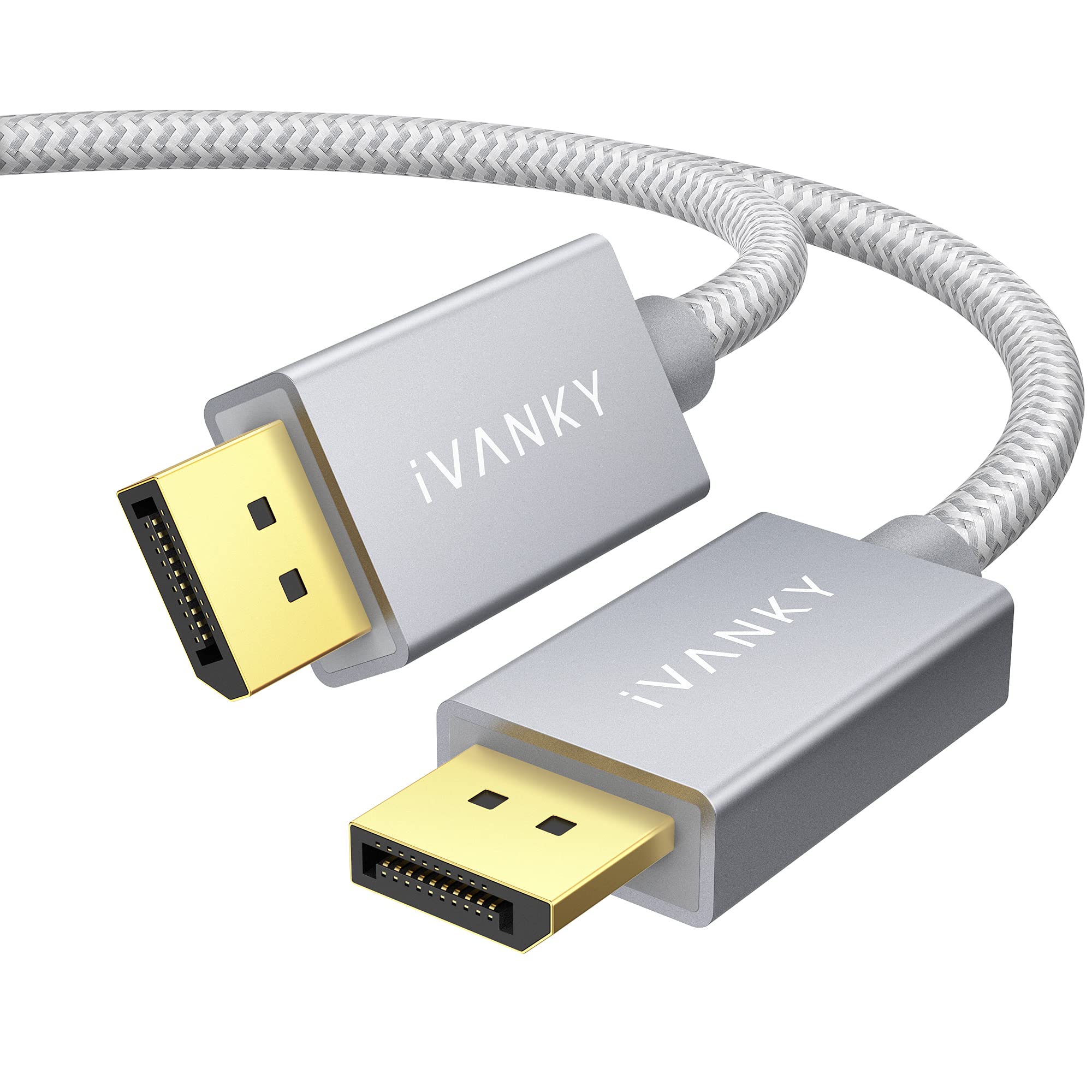 IVANKY DisplayPort Cable, DP Cable 6.6ft/2M, [4K@60Hz, 2K@165Hz, 2K@144Hz], Gold-Plated Braided High Speed DisplayPort 1.2 Cable, for Gaming Monitor, Graphics Card, TV, PC, Laptop - Silver Grey