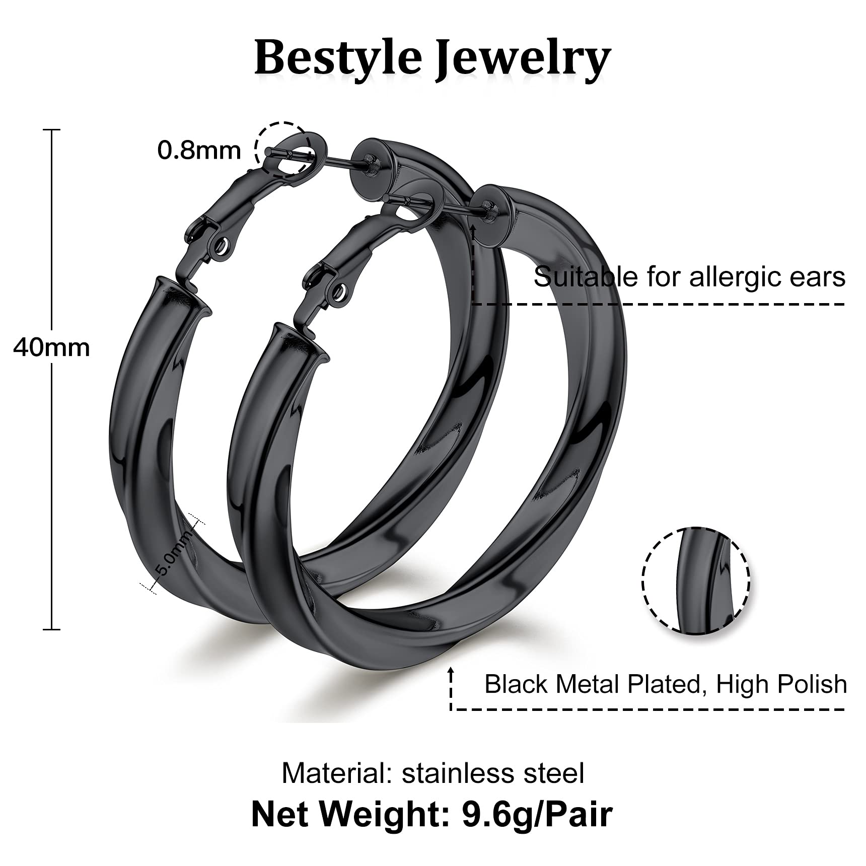 Bestyle 40mm Medium Black Twisted Hoop Earrings for Gilrs, Daliy Wear Minimalism Jewelry, Gift for Mom Mother Wife Daughter Girlfriends