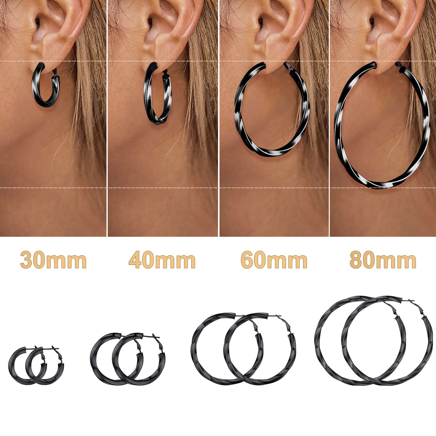 Bestyle 40mm Medium Black Twisted Hoop Earrings for Gilrs, Daliy Wear Minimalism Jewelry, Gift for Mom Mother Wife Daughter Girlfriends