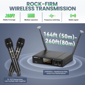 Wireless Microphone System Dual UHF Handheld Cordless Mic Set Work Range 180ft Dynamic Microphone with XLR & 1/4 inch Jack for Church Karaoke Machine Speech Wedding Party Singing