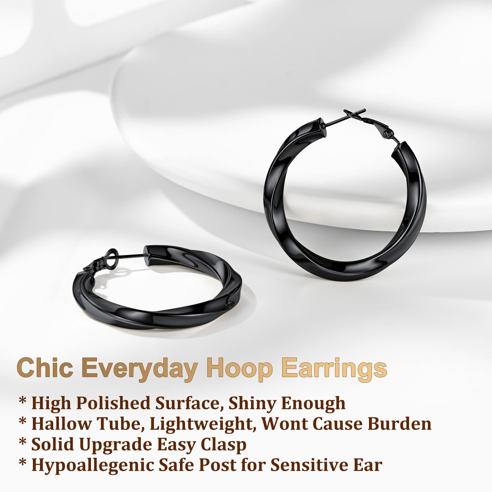 Bestyle 40mm Medium Black Twisted Hoop Earrings for Gilrs, Daliy Wear Minimalism Jewelry, Gift for Mom Mother Wife Daughter Girlfriends